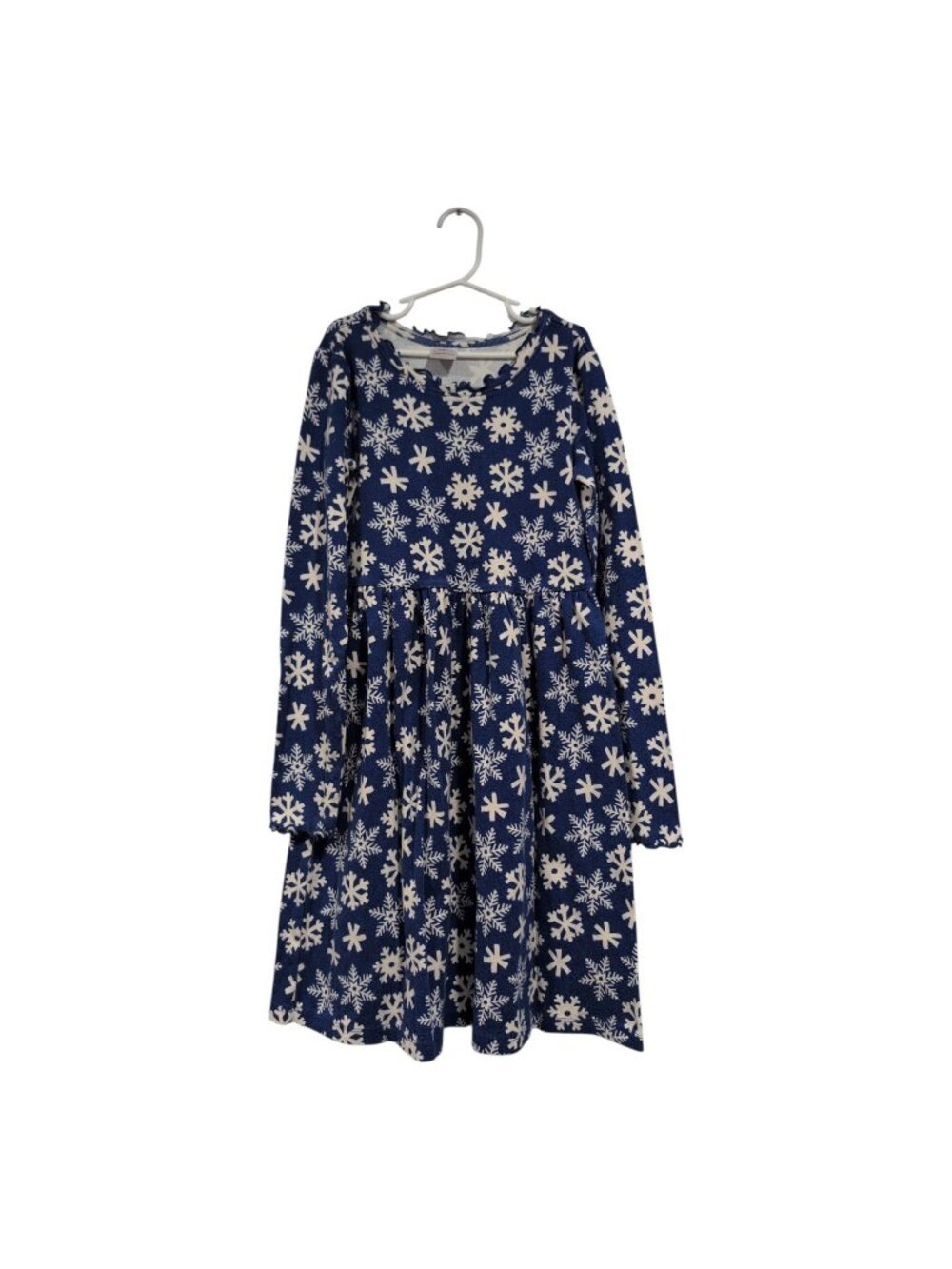 Hanna Andersson Dress Kids Sz 12 Blue White Snowflake Holiday Long Sleeve Ruffle